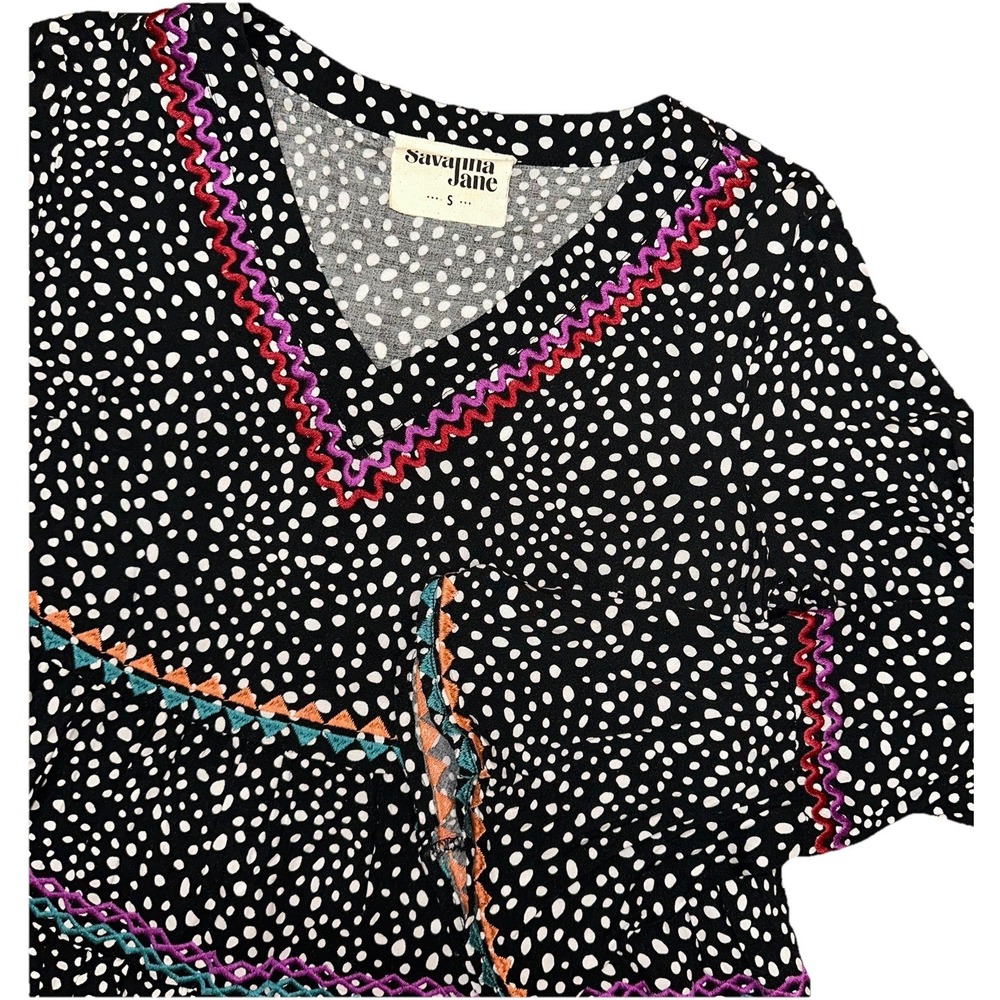 Savannah Jane Black & White Leopard V-Neck Embroidered Babydoll Tunic Women's S